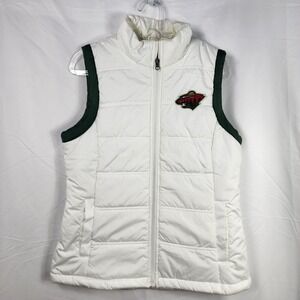 Minnesota Wild NHL Puffer Vest Womens Size Medium White Green Quilted Hockey Fan